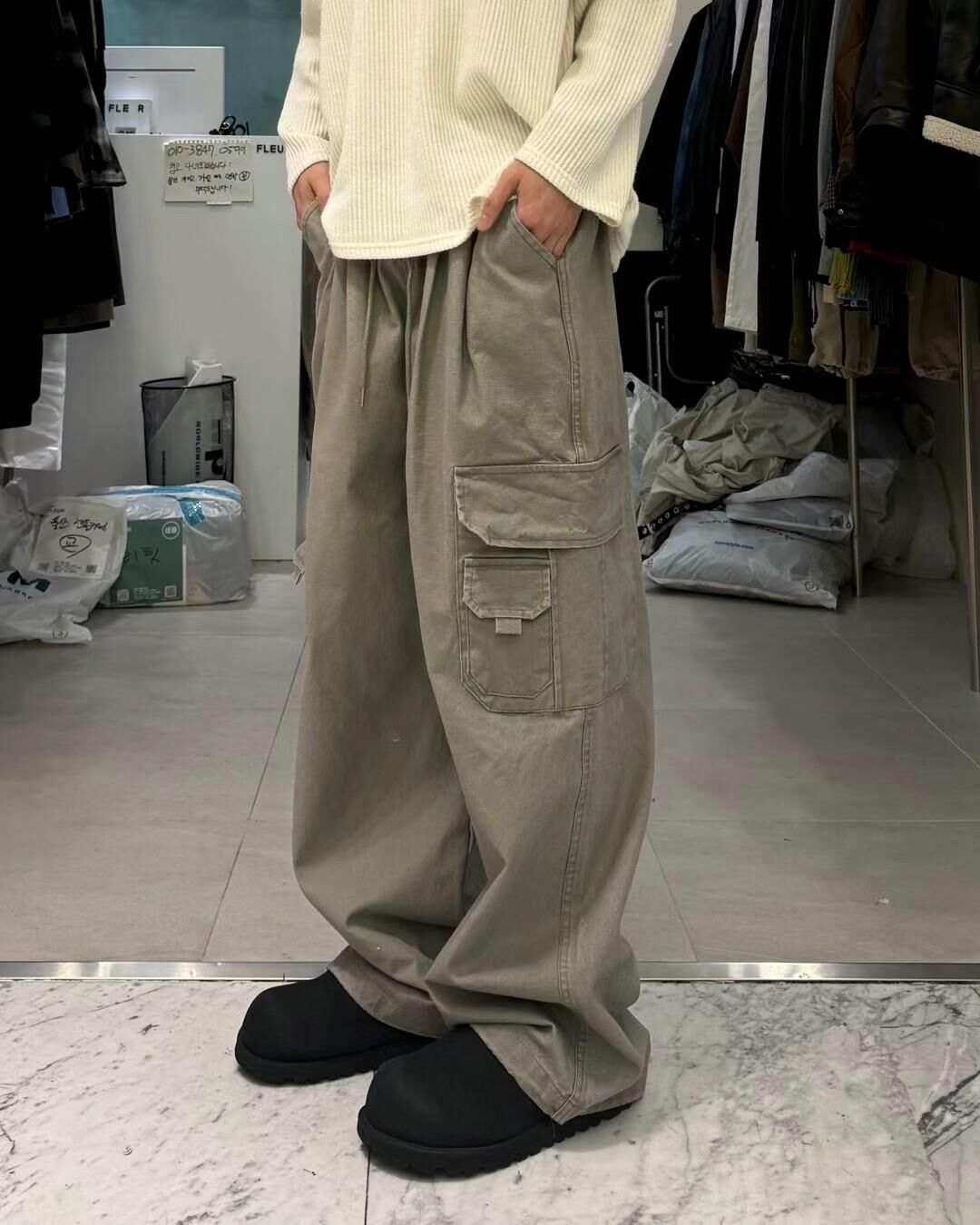 洗水淨色可束腳工裝鬆身褲 P3204