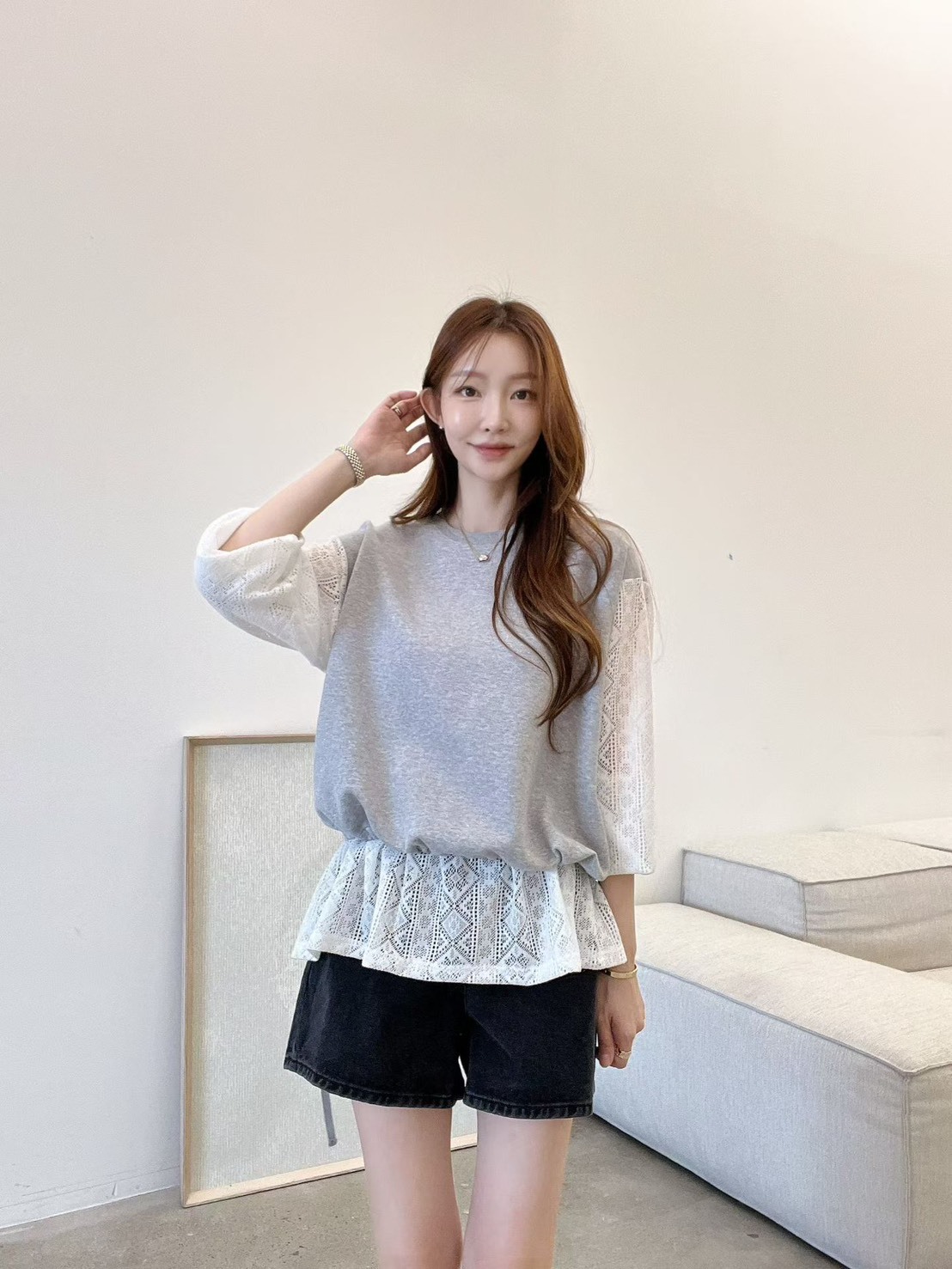 拼接蕾絲袖上衣