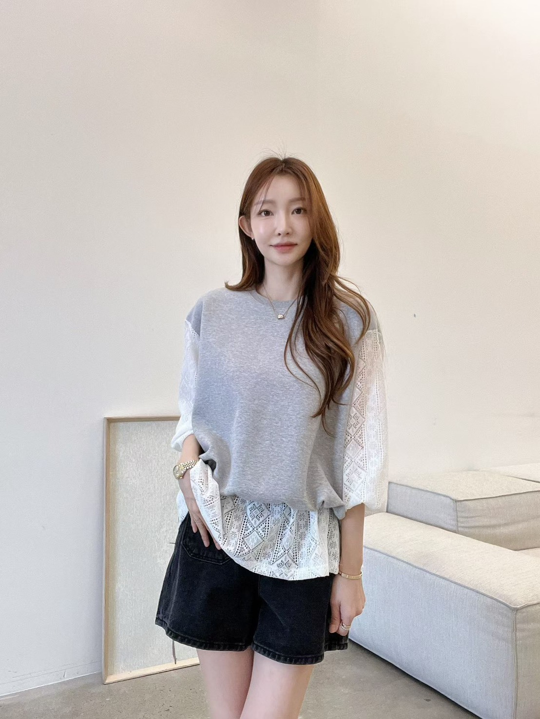 拼接蕾絲袖上衣