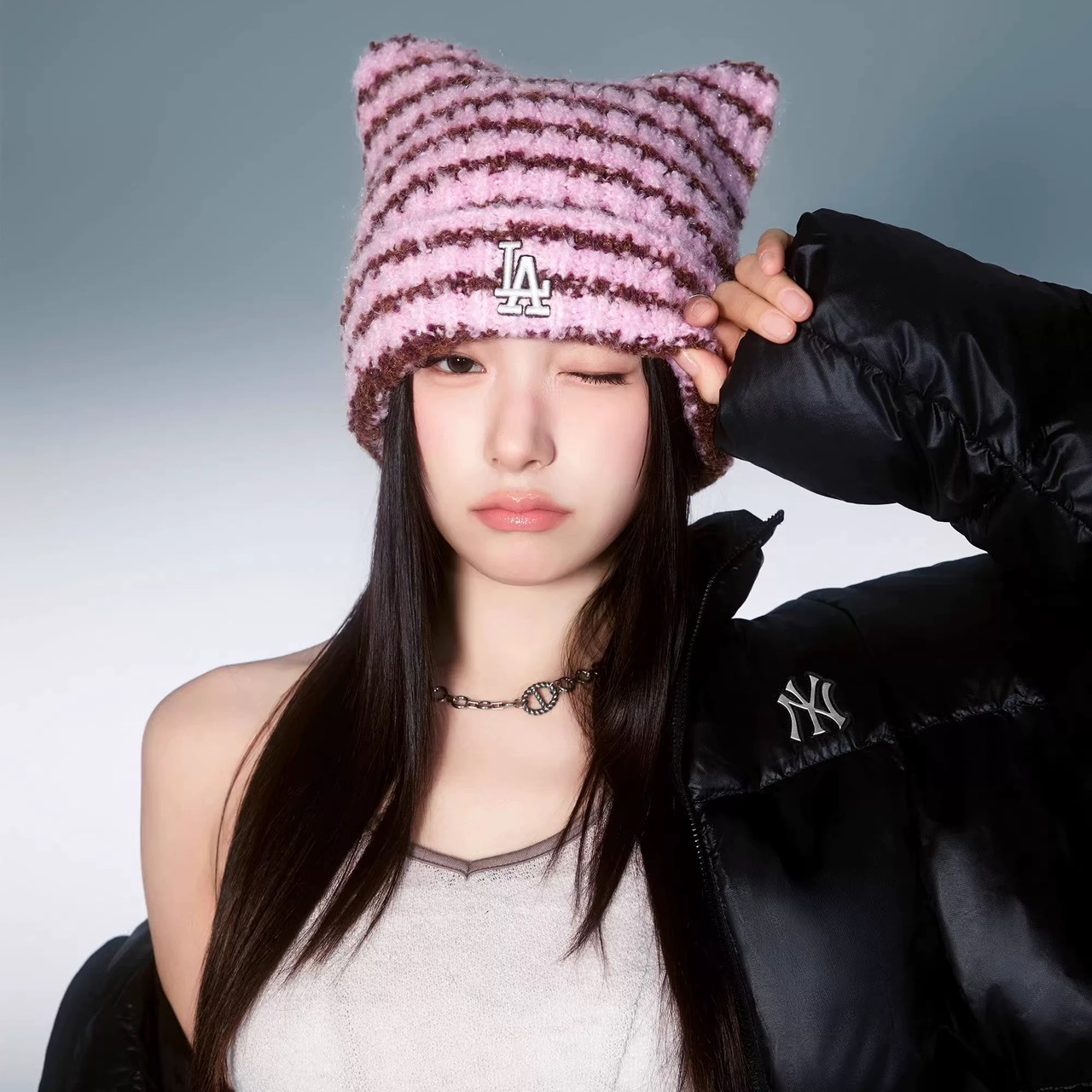 【Luxury】 MLB & KARINA 韓星同款 貓耳帽 條紋喵喵毛帽 萌帥動物造型毛帽 波士頓紅襪隊  紐約洋基隊 洛杉磯道奇隊