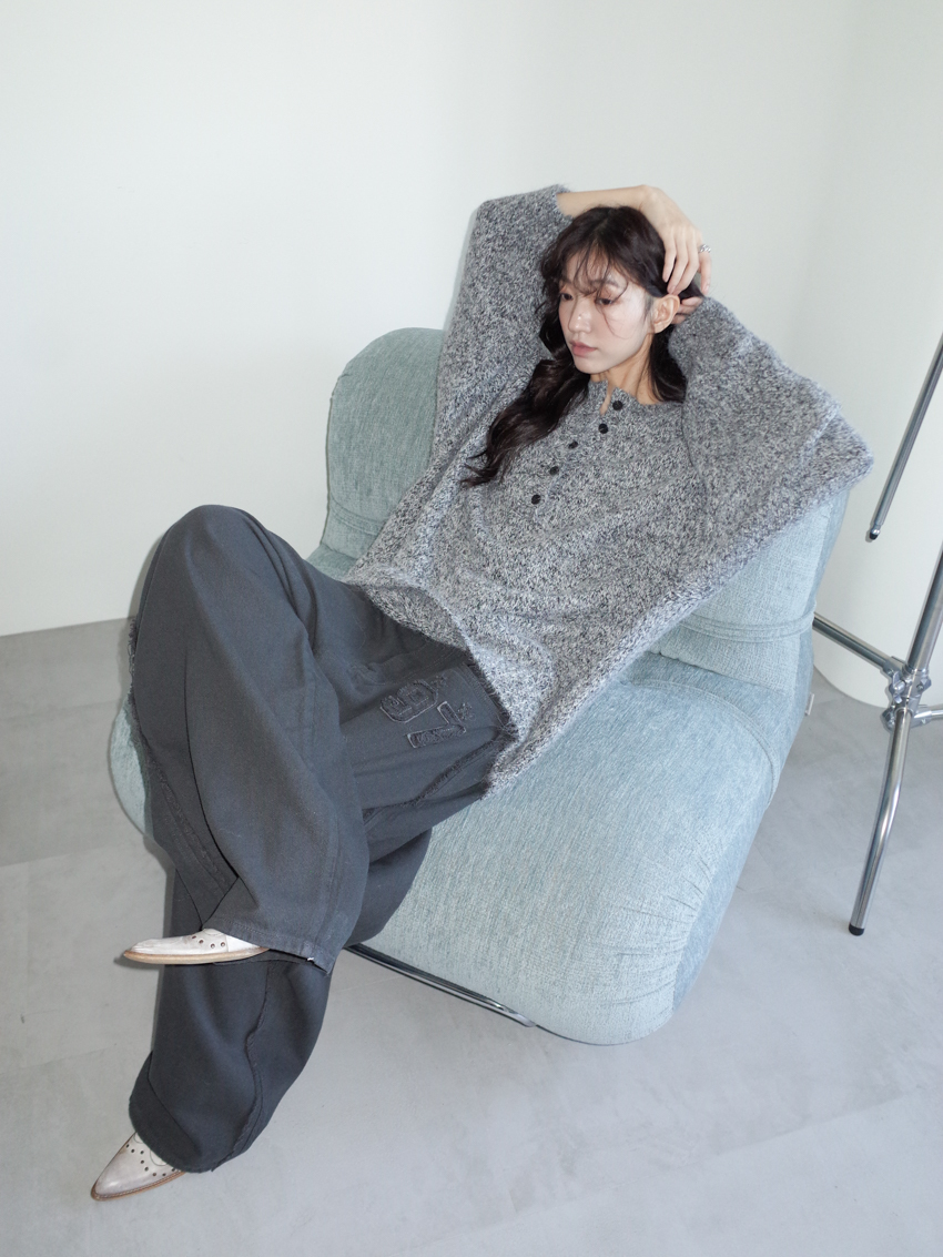 chunky button-front crewneck melange knit