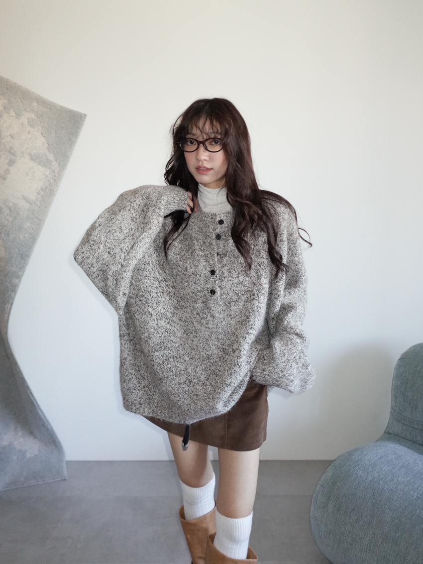 chunky button-front crewneck melange knit