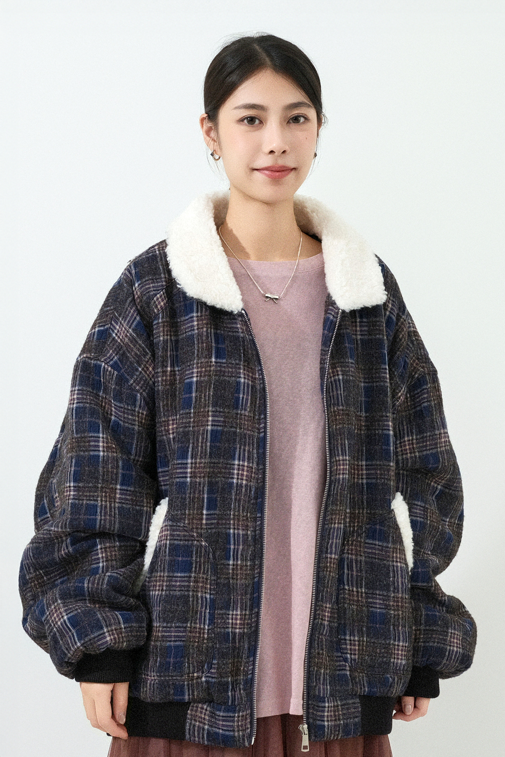 毛邊格仔間棉外套 (預購產品）