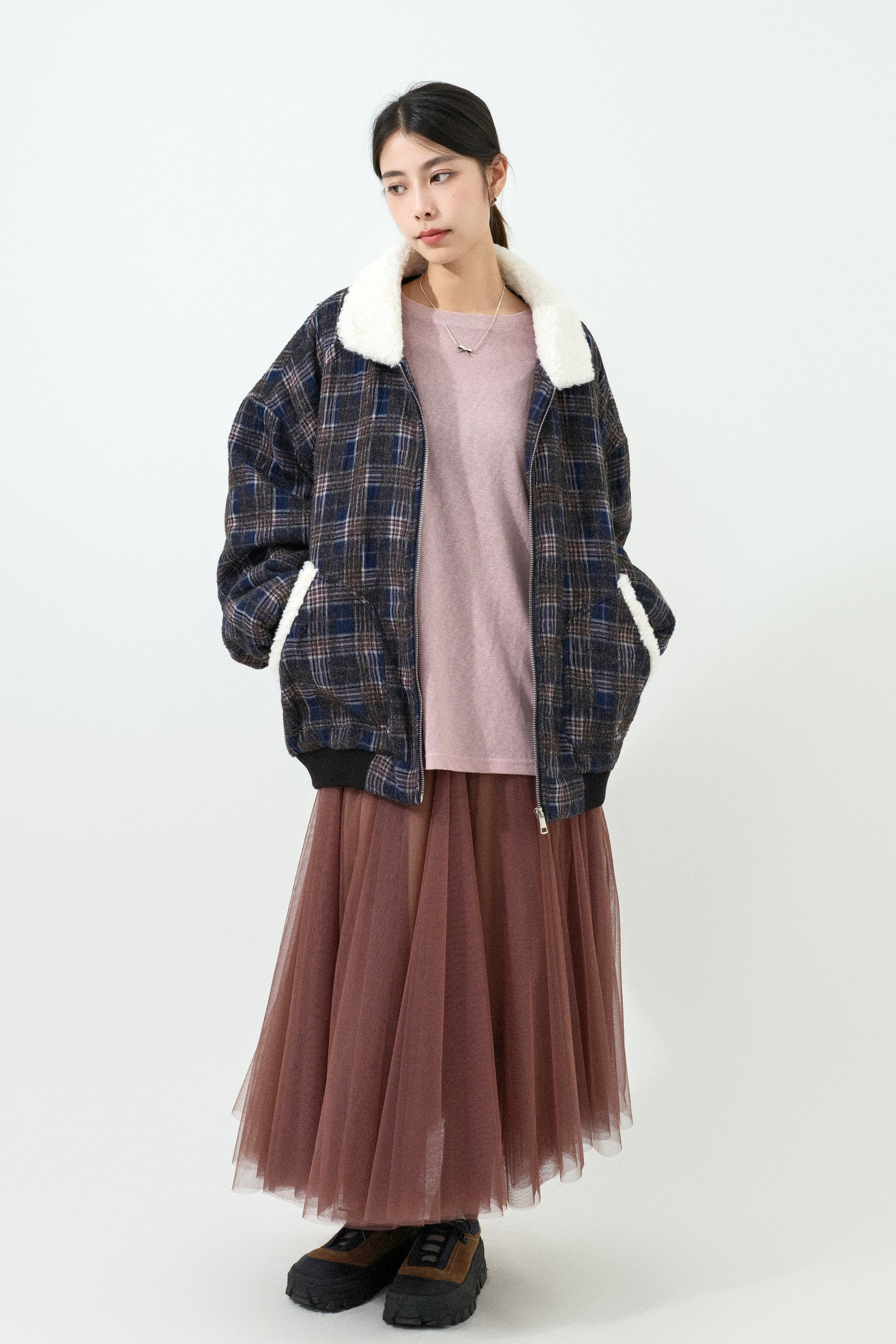 毛邊格仔間棉外套 (預購產品）