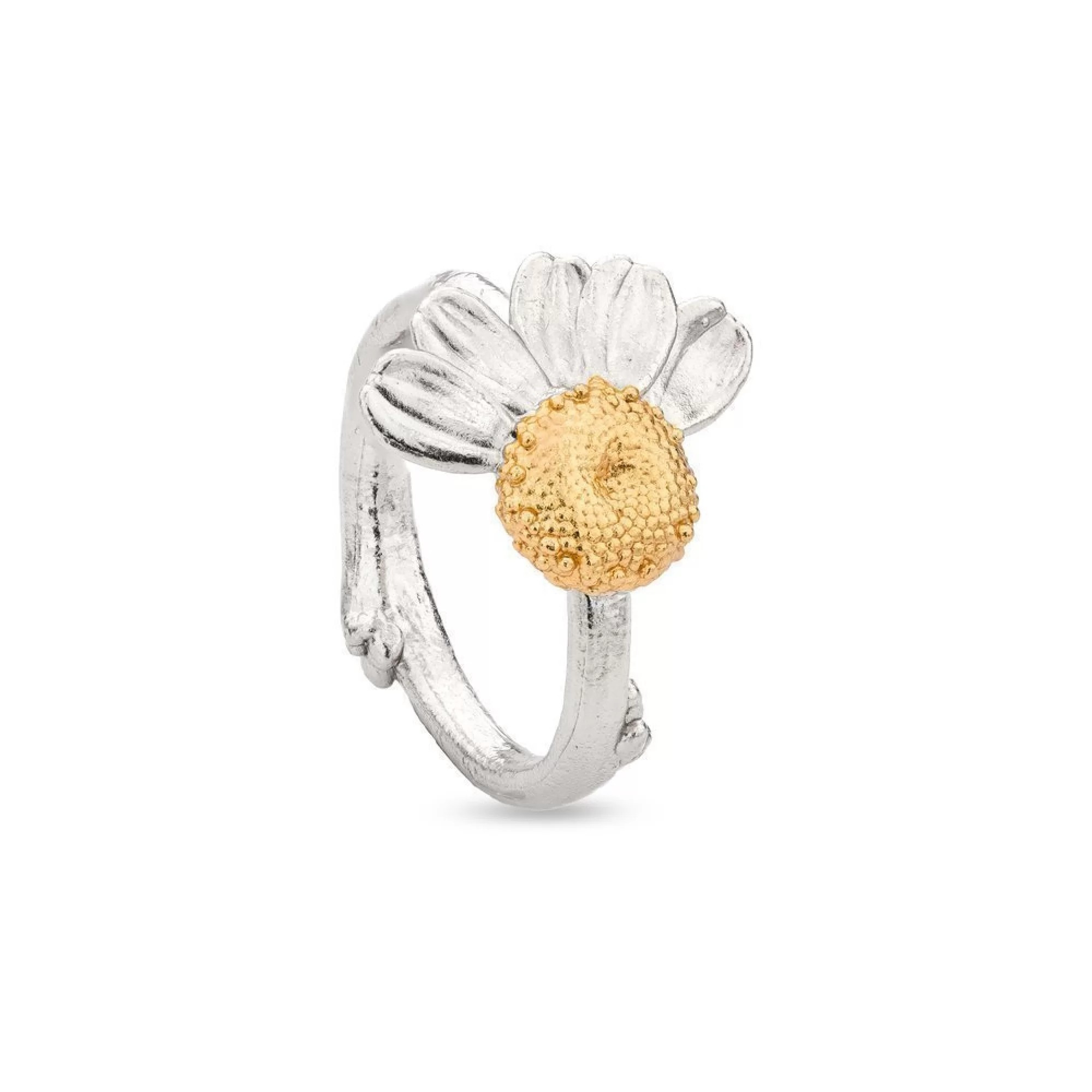 1TA0524-469 THALLO Kissing Daisies Daisy Ring with Narrow Twig Base 24K Gold and Sterling Silver #s782b (A-SK-E)