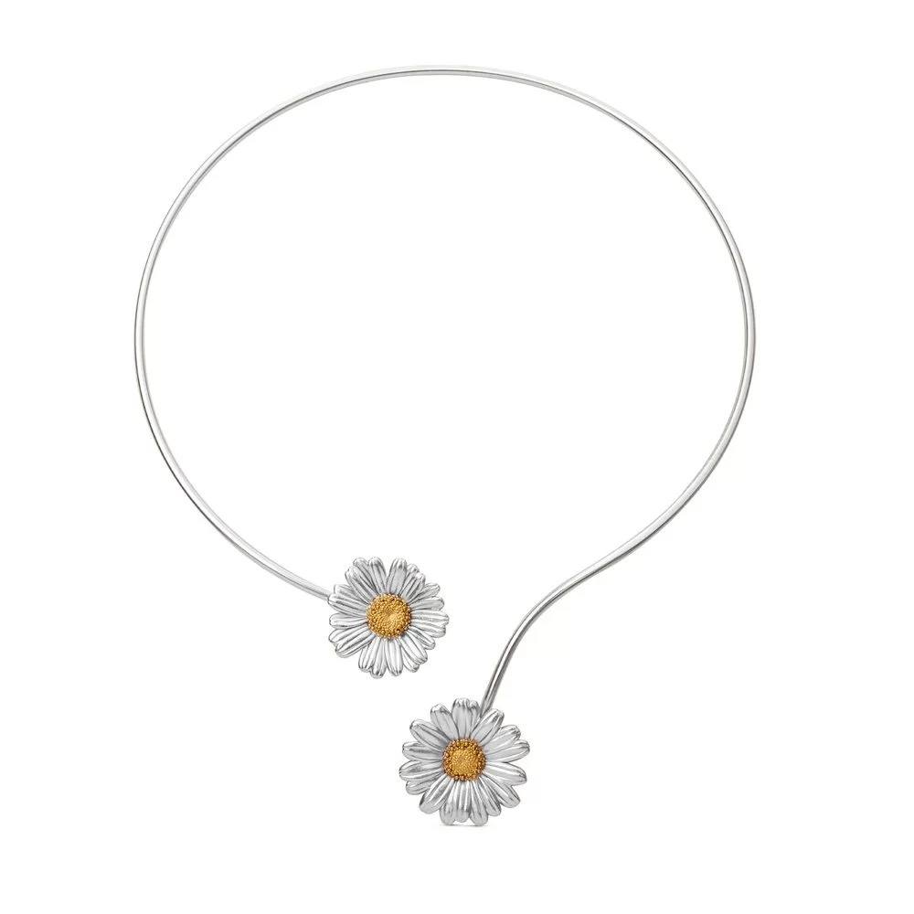 1TA0524-049 THALLO Daisy Field Daisy Necklace Statement, Two Flowers, With Flexible Wire, 24K Gold and Sterling Silver #s993a (A-SK-E)