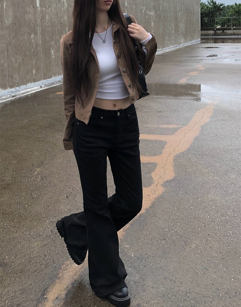 anyonemore 阿倫 布萊克通 寬版 修身 開衩 高腰 彈力 喇叭褲 長褲（2色）