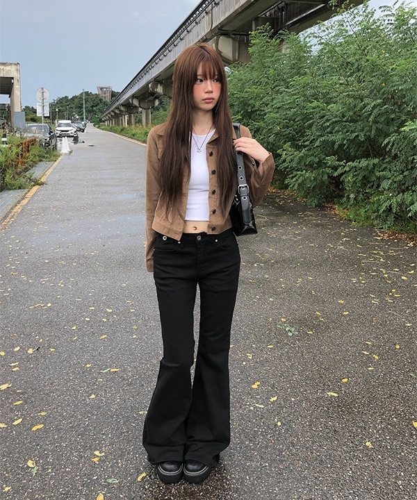 anyonemore 阿倫 布萊克通 寬版 修身 開衩 高腰 彈力 喇叭褲 長褲（2色）