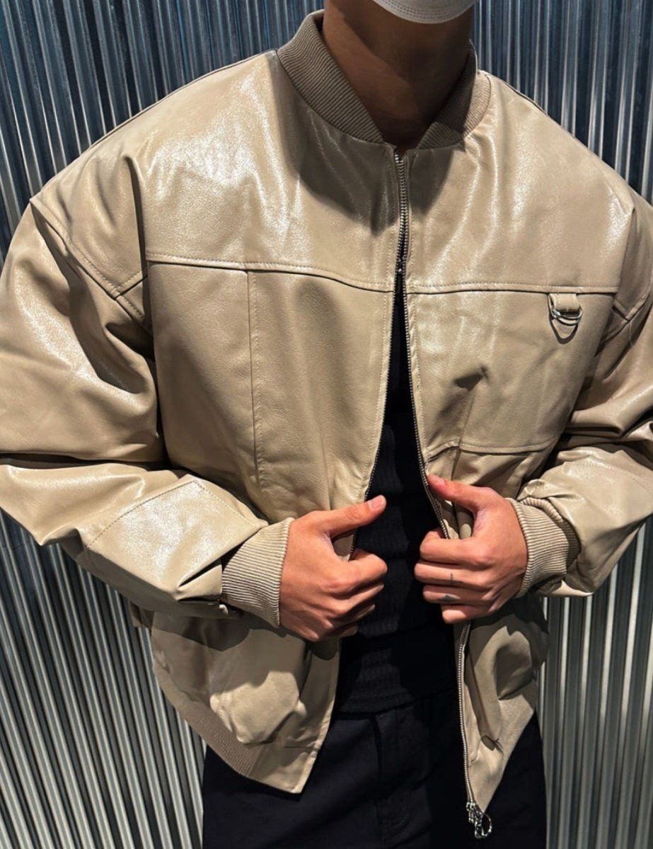 淨色拉鍊合成皮褸 HD-051JK