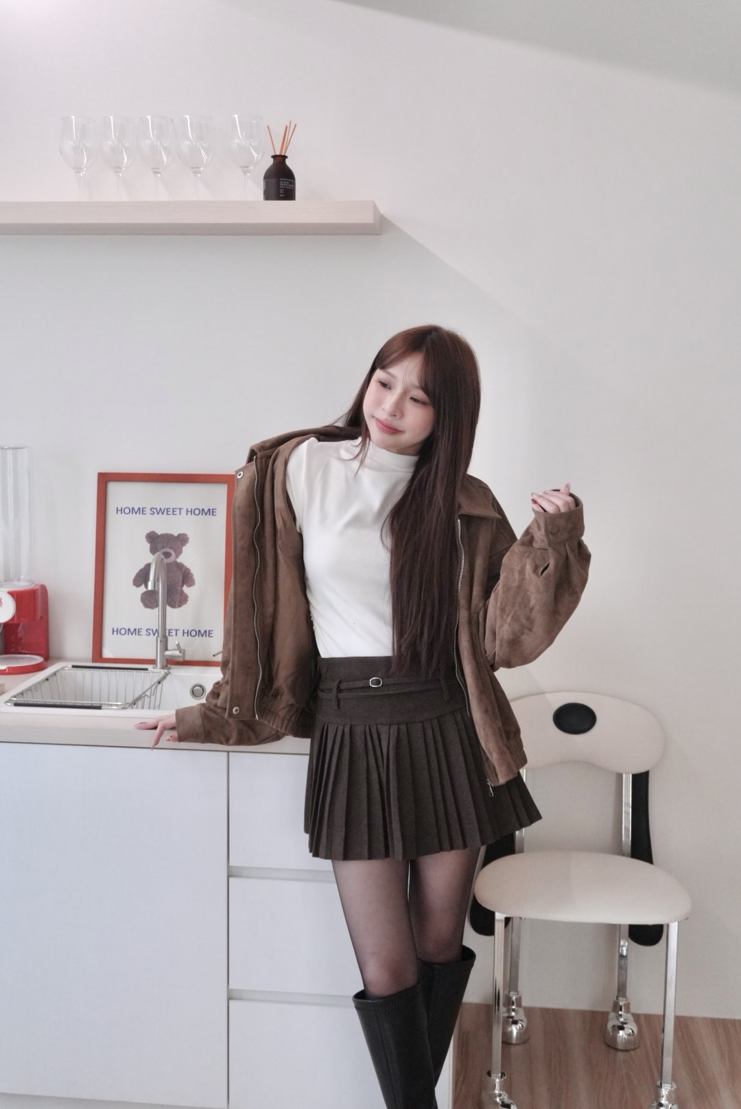 學院風 細綁繩百褶毛呢褲裙