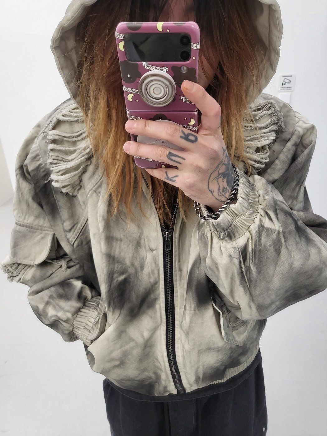 仿污破洞連帽拉鍊外套(薄夾棉) GLAMOUR-133JK