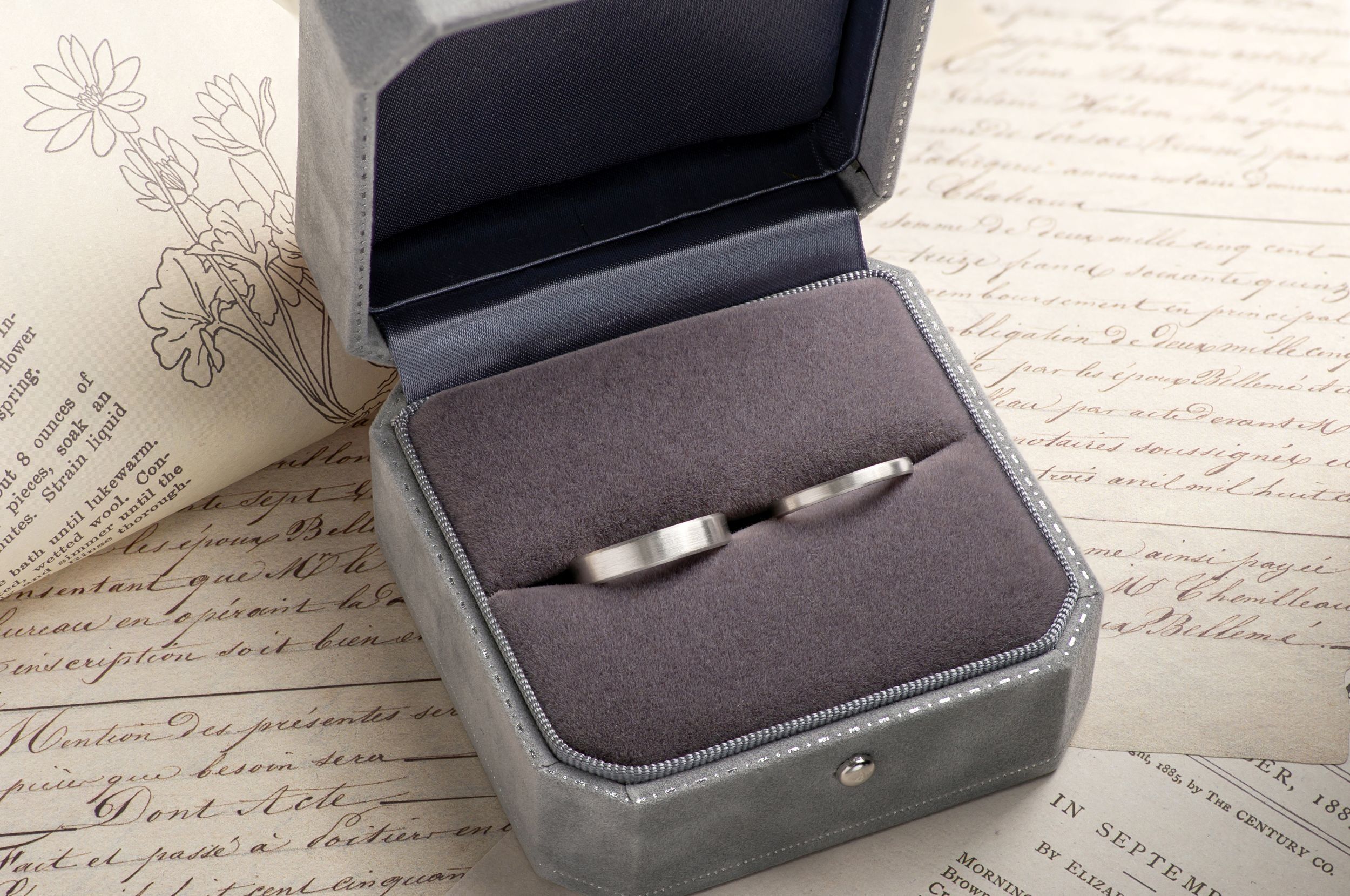A pair of platinum wedding bands.