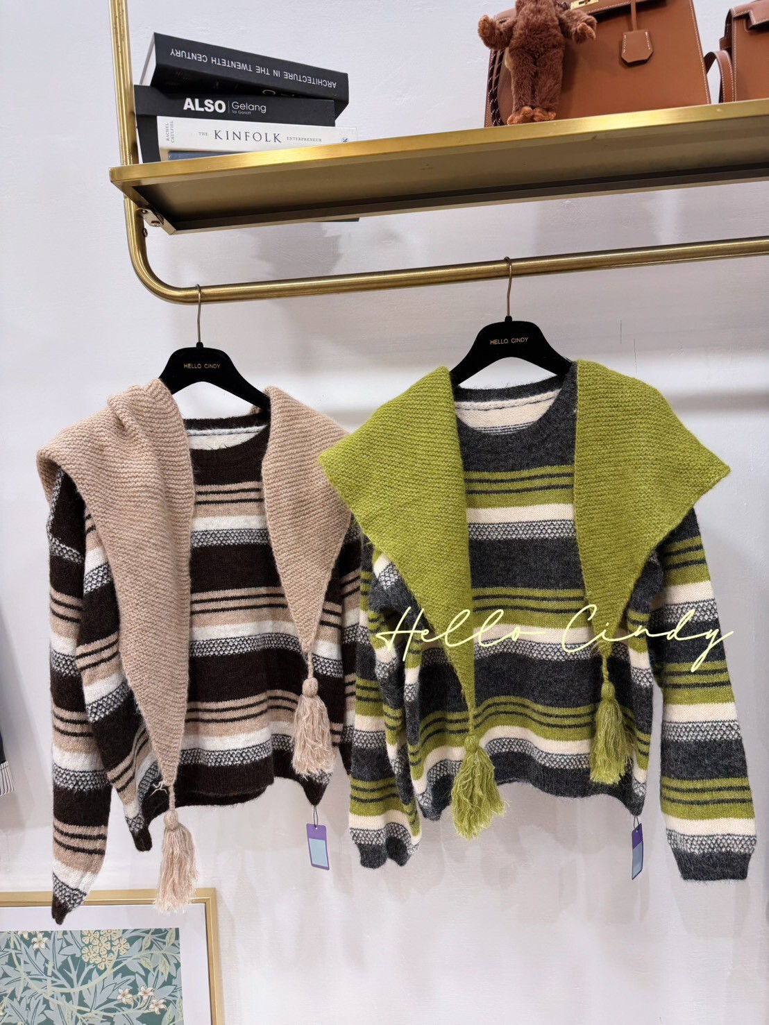 B11107 甜美系流蘇小披肩撞色條紋針織毛衣