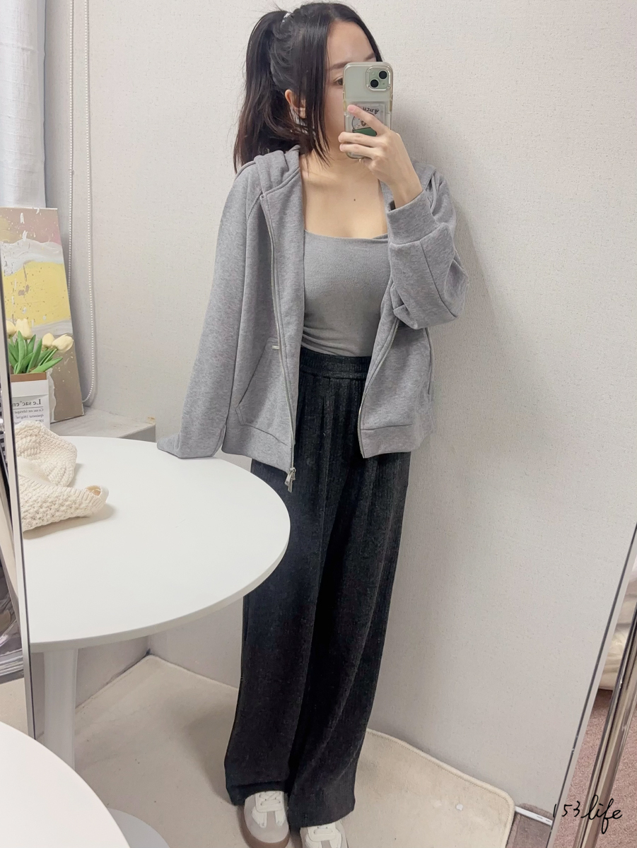 秋冬休閒腰鬆緊坑條深灰針織寬褲(XXS-L)(九分/長款)