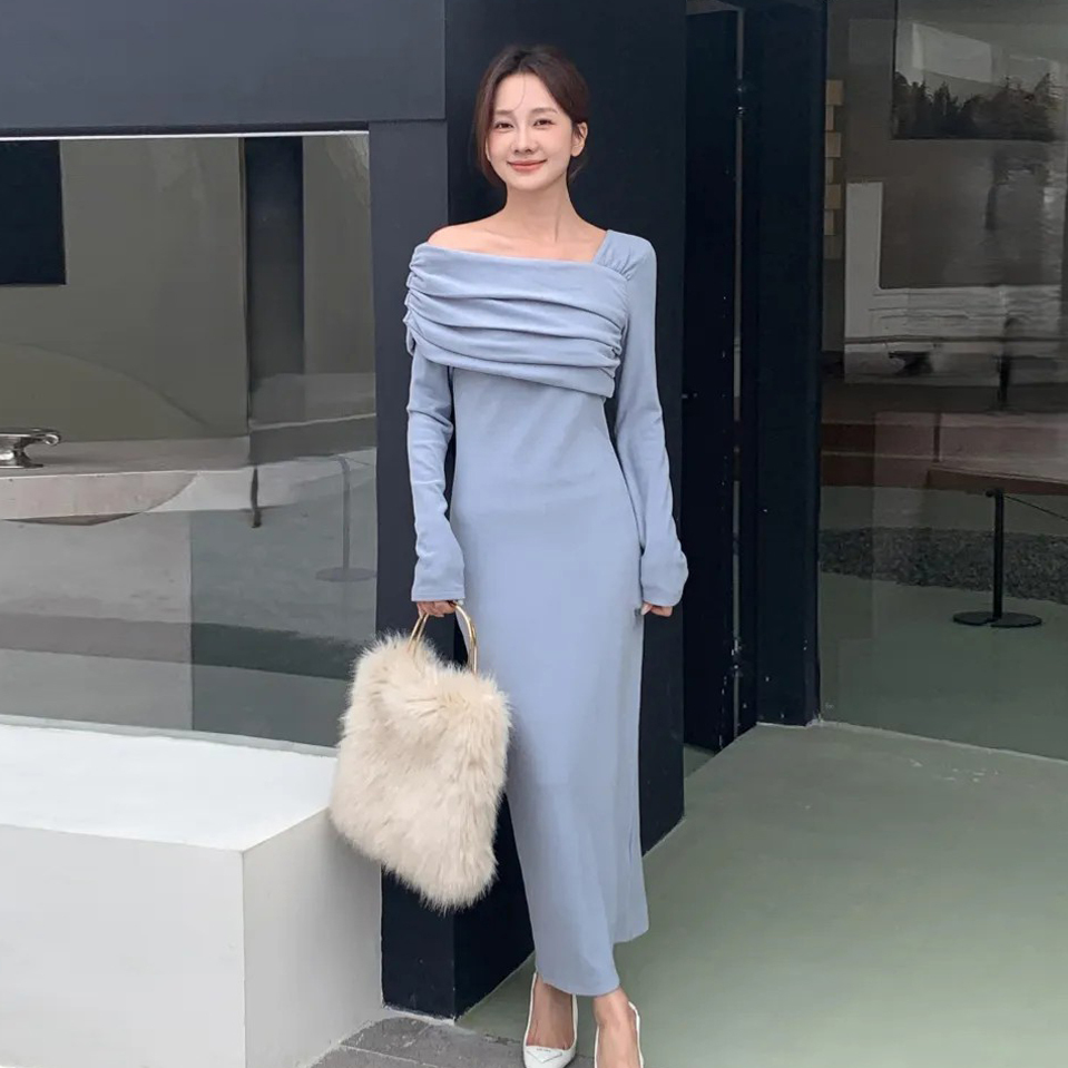 好身材不對稱抓摺露肩造型彈力長洋裝衣-F / 3色 (Elegant & Love)