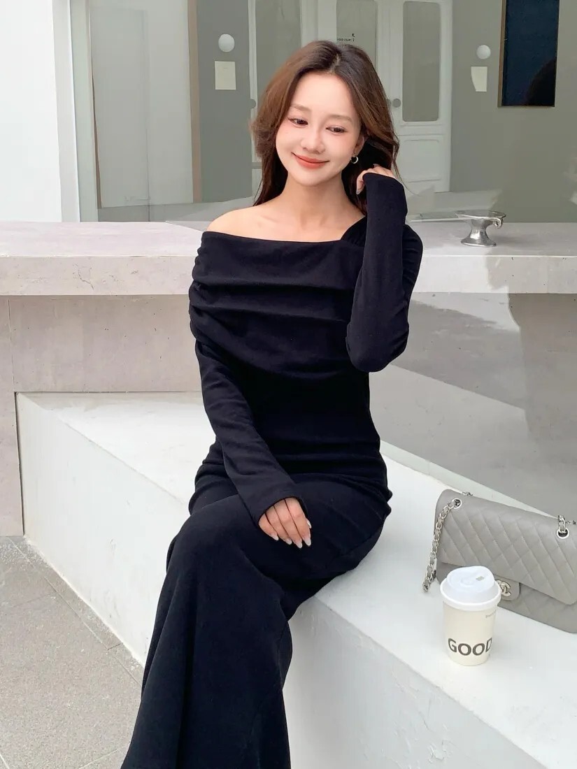 好身材不對稱抓摺露肩造型彈力長洋裝衣-F / 3色 (Elegant & Love)