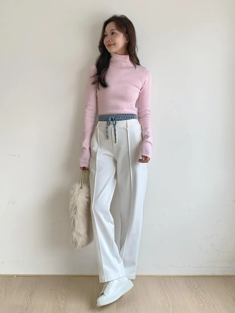 鬆緊腰配色腰頭綁帶造型打褶直筒褲-S-M / 2色 (Elegant & Love)