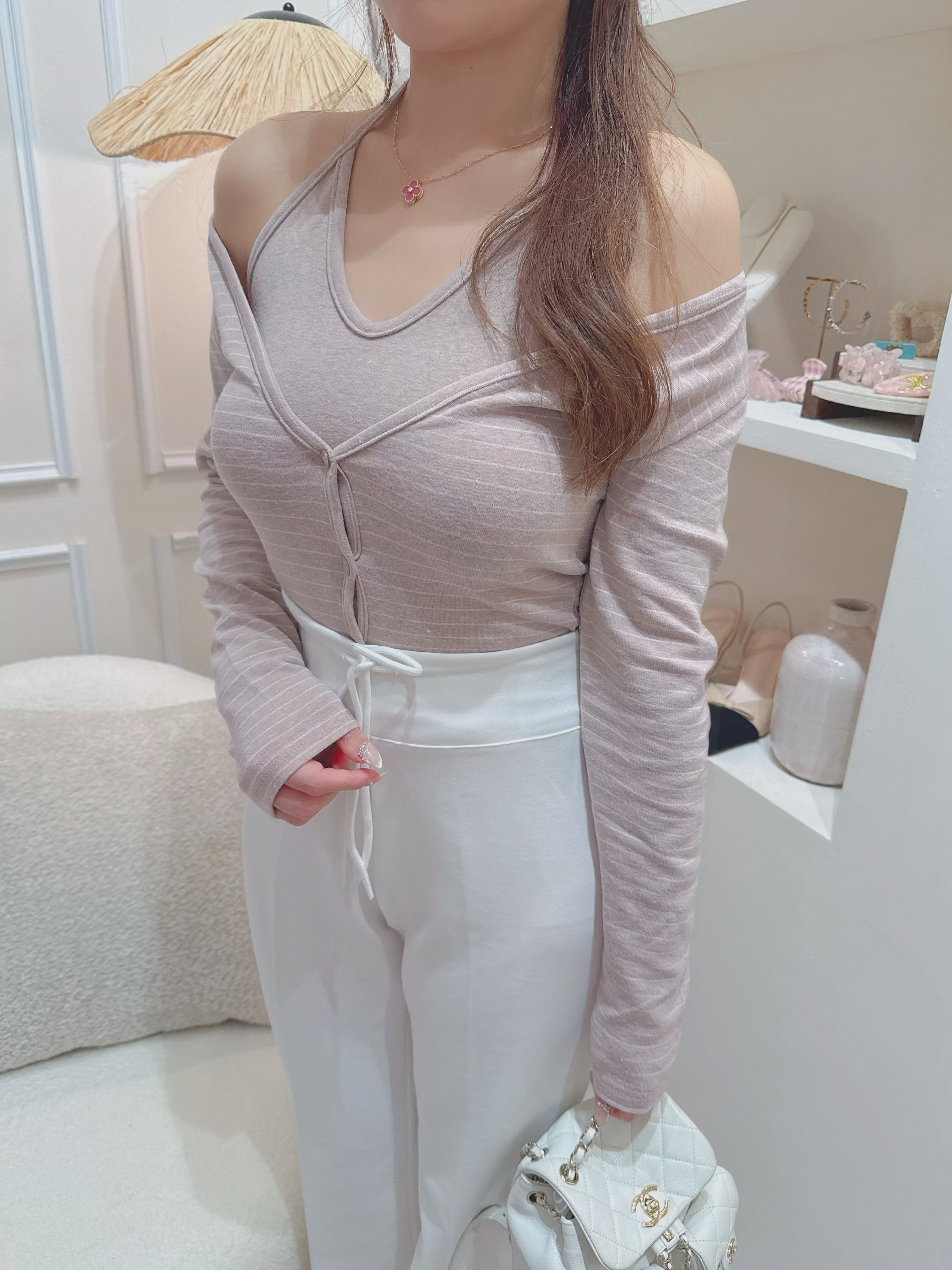 隨性風 - 假兩件條紋掛頸小上衣