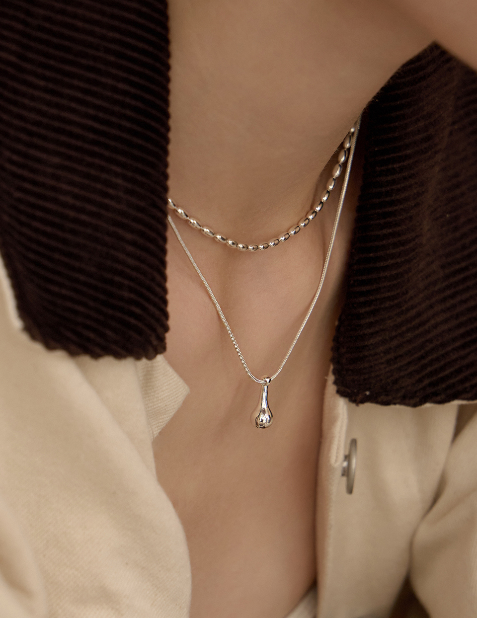 米粒珠水滴吊墜雙層項鍊