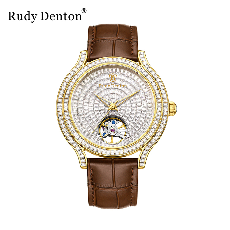 【Rudy Denton勞迪丹頓】情侶對錶 男款 晶鑽 鏤空 真皮 不鏽鋼 機械 手錶