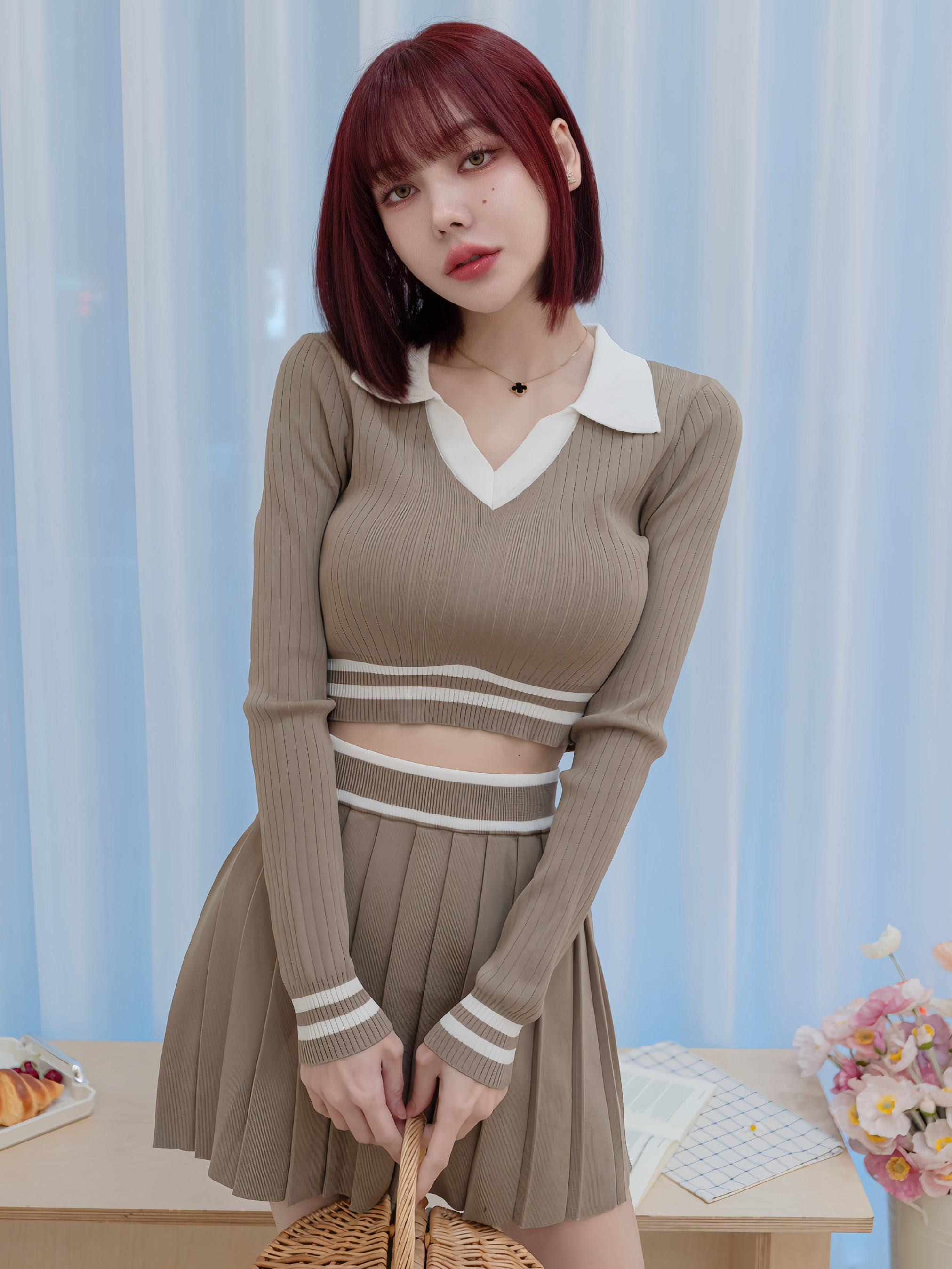 🤍學院風針織百褶裙兩件式套裝（卡其色均碼）