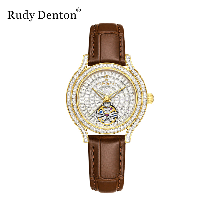 【Rudy Denton勞迪丹頓】情侶對錶 女款 晶鑽 鏤空 真皮 不鏽鋼 機械 手錶