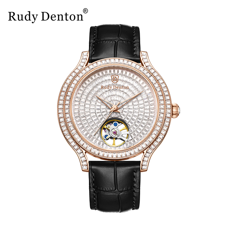 【Rudy Denton勞迪丹頓】情侶對錶 男款 晶鑽 鏤空 真皮 不鏽鋼 機械 手錶