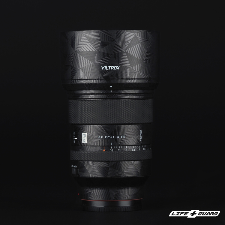 LIFE+GUARD Viltrox AF 85mm F1.4 PRO FE 貼膜展示圖，LIFE+GUARD 風格設計
