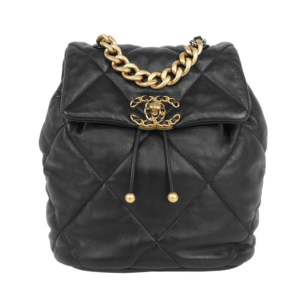 【CHANEL】Chanel 19 金釦小羊皮口蓋後背包(黑色)