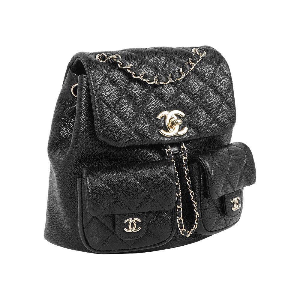 【CHANEL】25P Duma 粒紋牛皮雙口袋中款後背包(黑色)