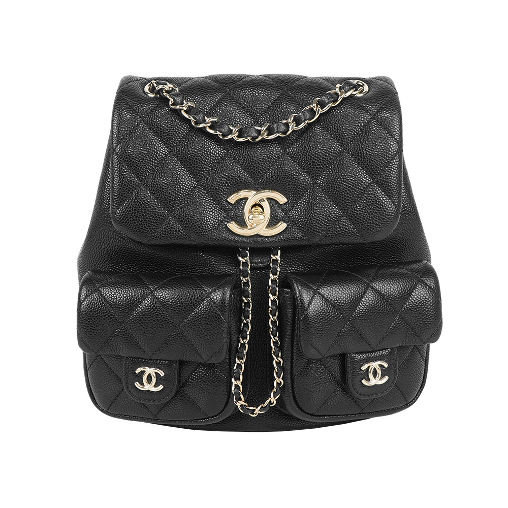 【CHANEL】25P Duma 粒紋牛皮雙口袋中款後背包(黑色)