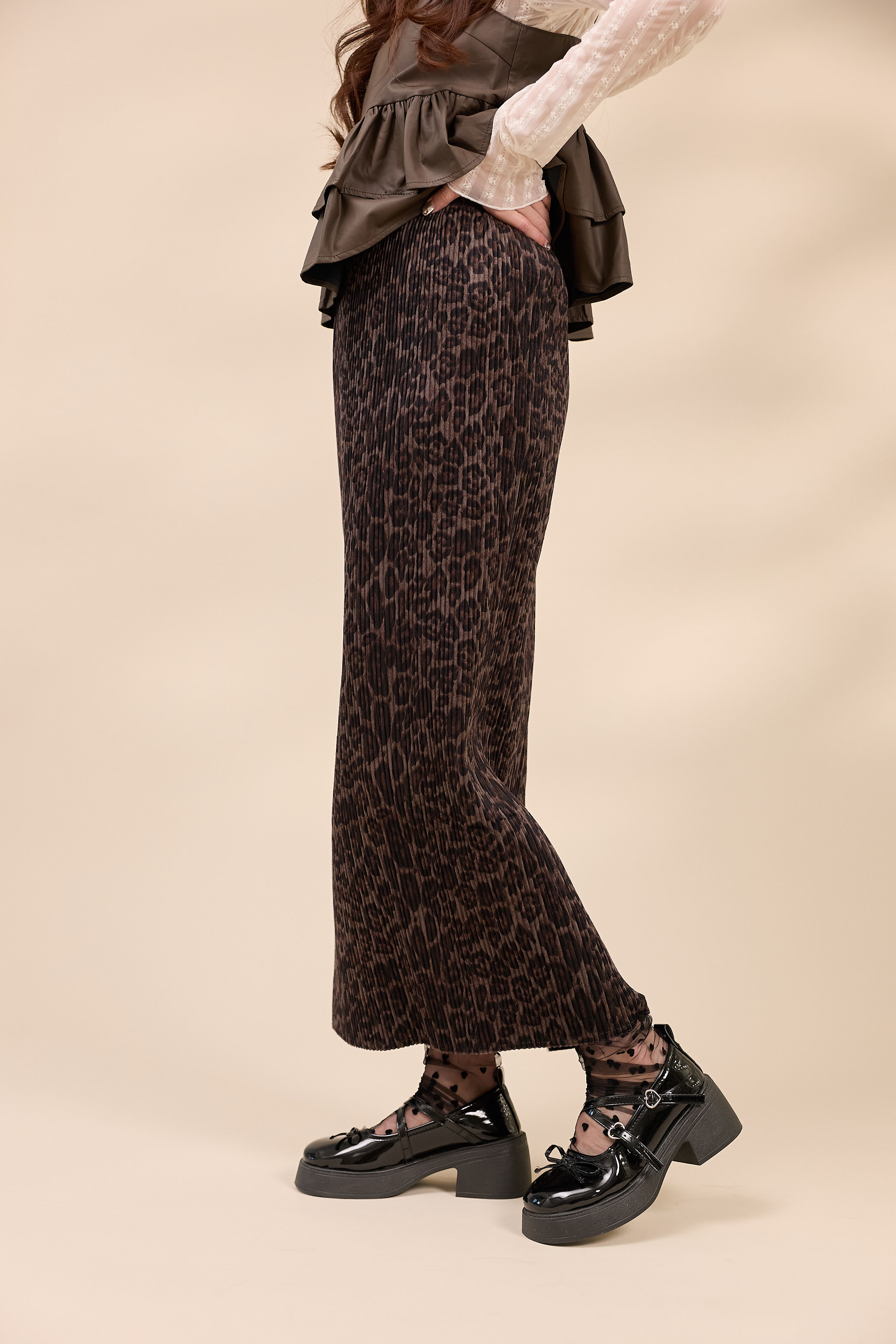 法朵Fado shop｜ 壓褶豹紋🐈針織長裙 4134001 灰/咖啡