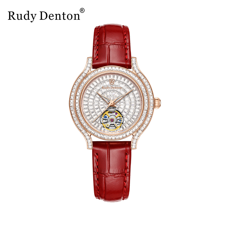 【Rudy Denton勞迪丹頓】 氣質 晶鑽 鏤空 真皮 不鏽鋼 機械 女款 手錶