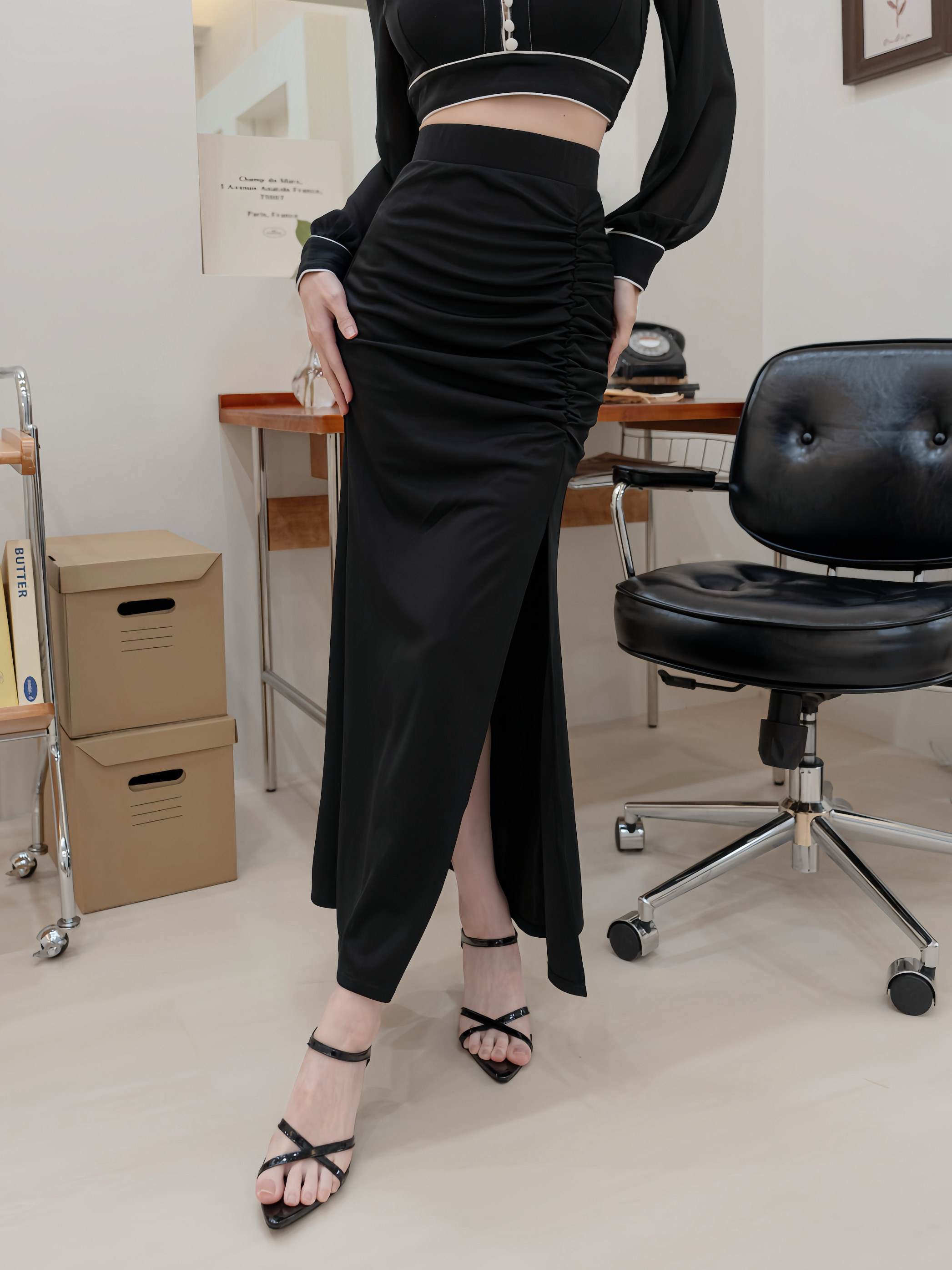 獨家訂製🤍氣質抓皺開衩魚尾長裙（黑色均碼S~M號）