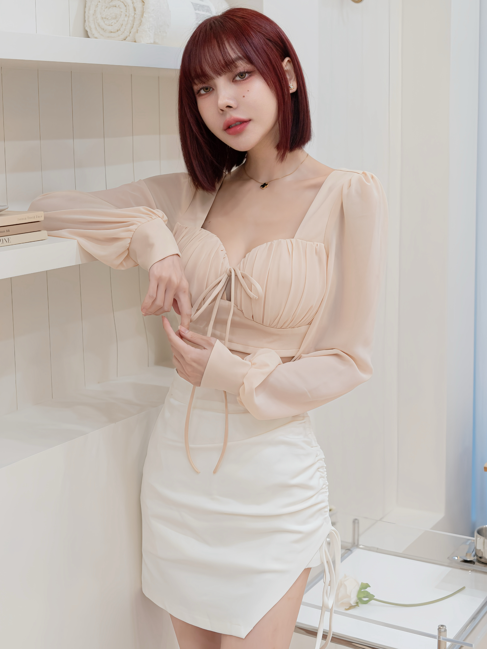 獨家訂製🤍貝殼綁帶爆乳雪紡上衣（杏色S/M）