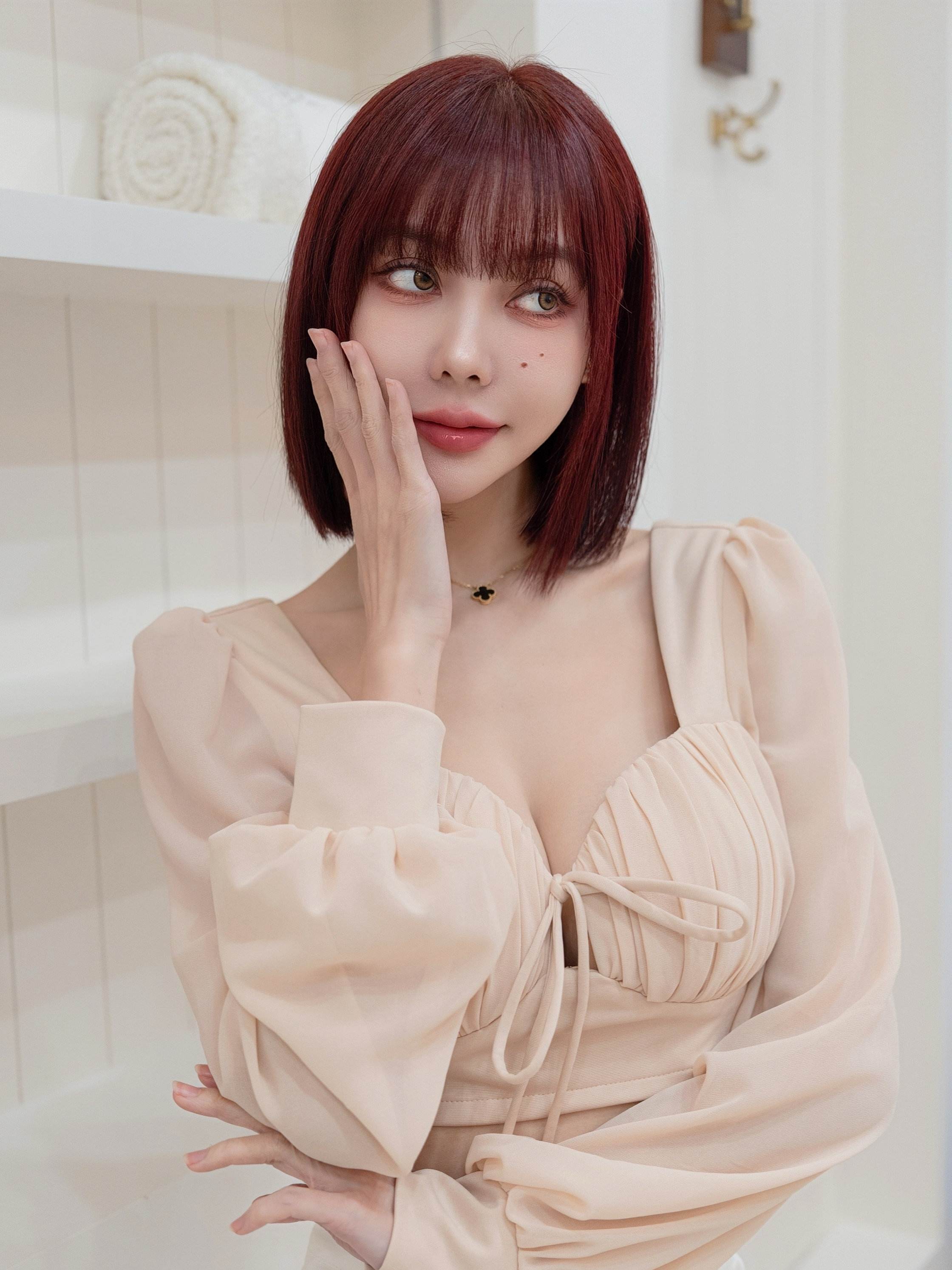 獨家訂製🤍貝殼綁帶爆乳雪紡上衣（杏色S/M）