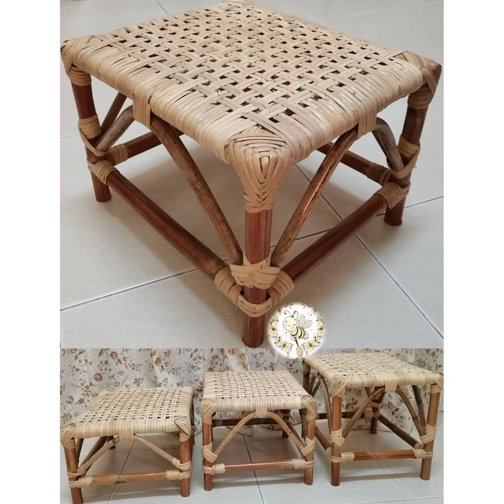 [The Rattan House] 100% Natural Rattan Foot Stool | Rattan Skin Webbing Top Bangku Rotan 8/10/12 inch  藤凳子