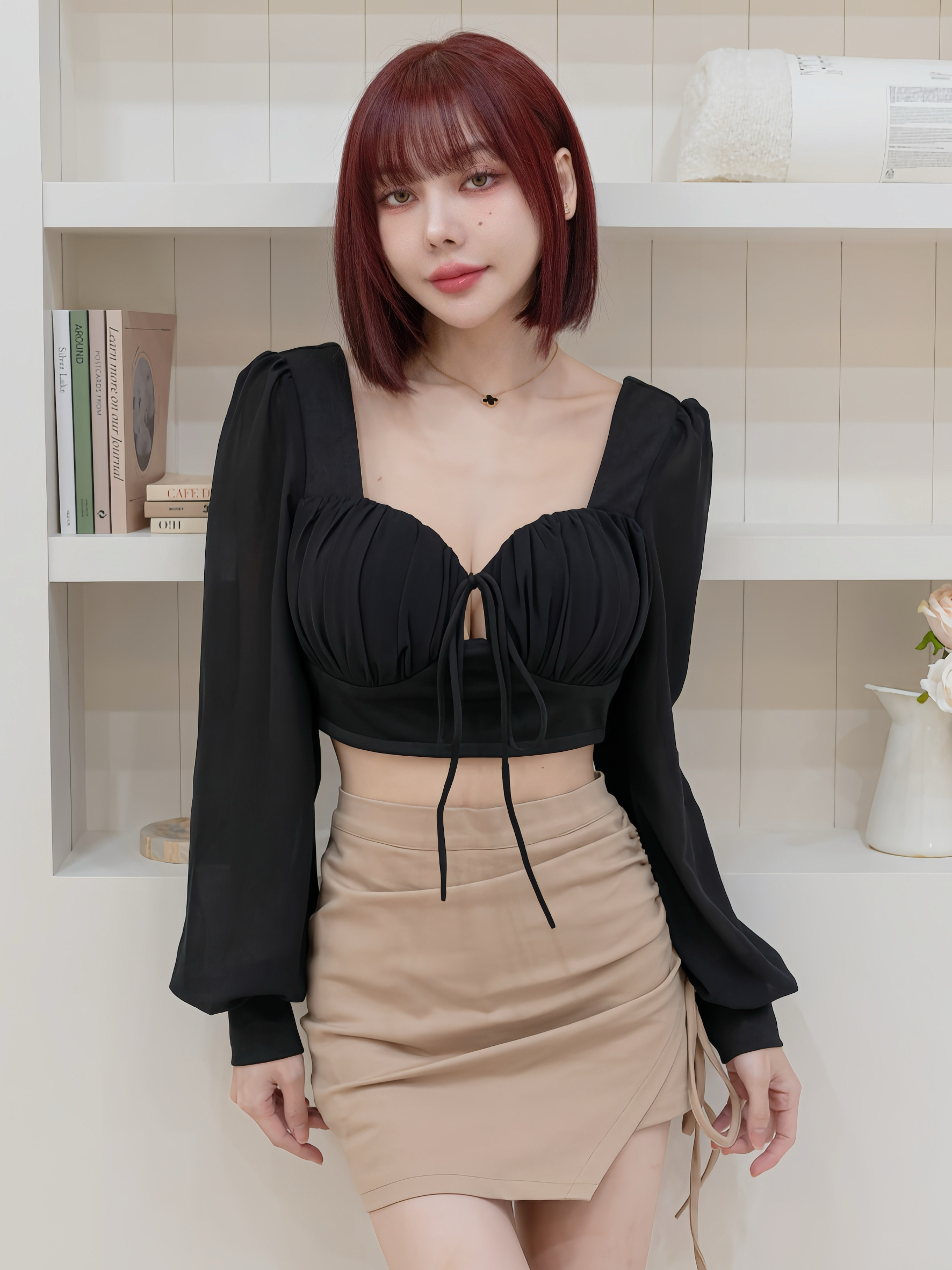 獨家訂製🤍貝殼綁帶爆乳雪紡上衣（黑色S/M）