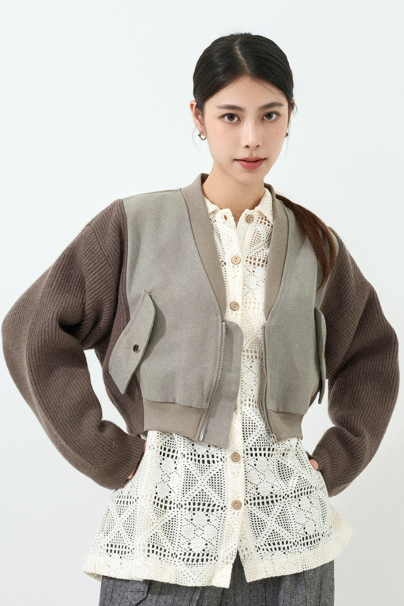 帆布拼冷袖機師短外套 (預購產品）