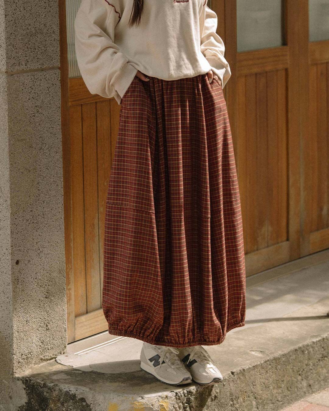 Plaid patchwork balloon maxi skirt, available in two colors.【03021693】in stock+pre-order