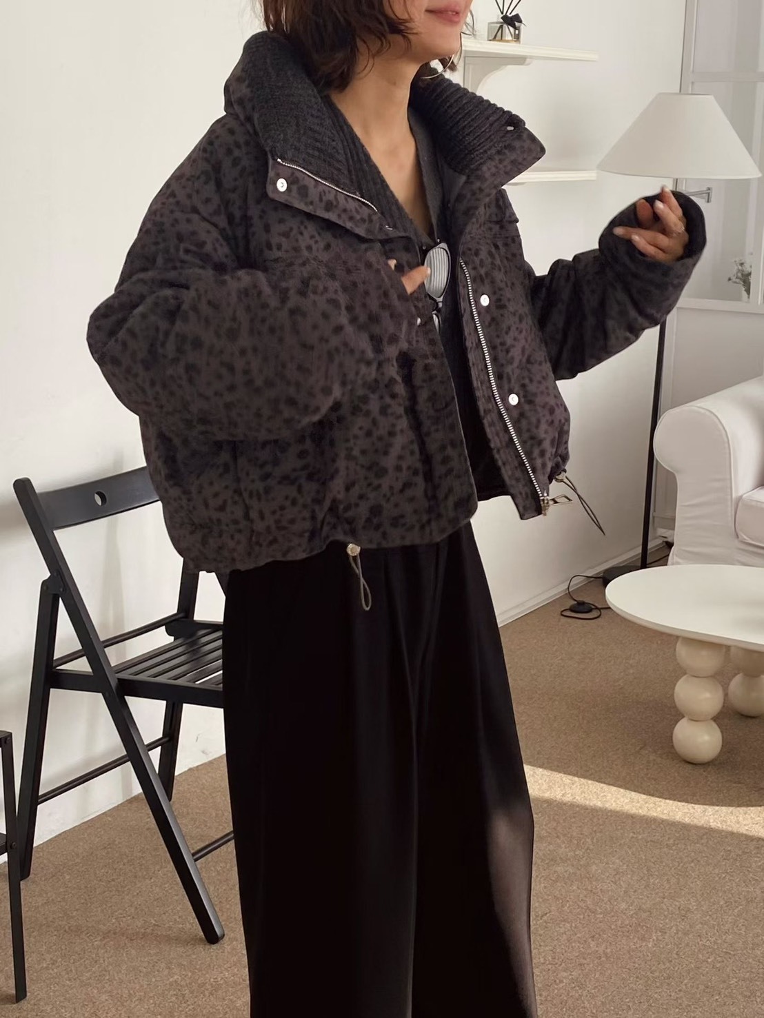 豹紋短版鴨絨外套
