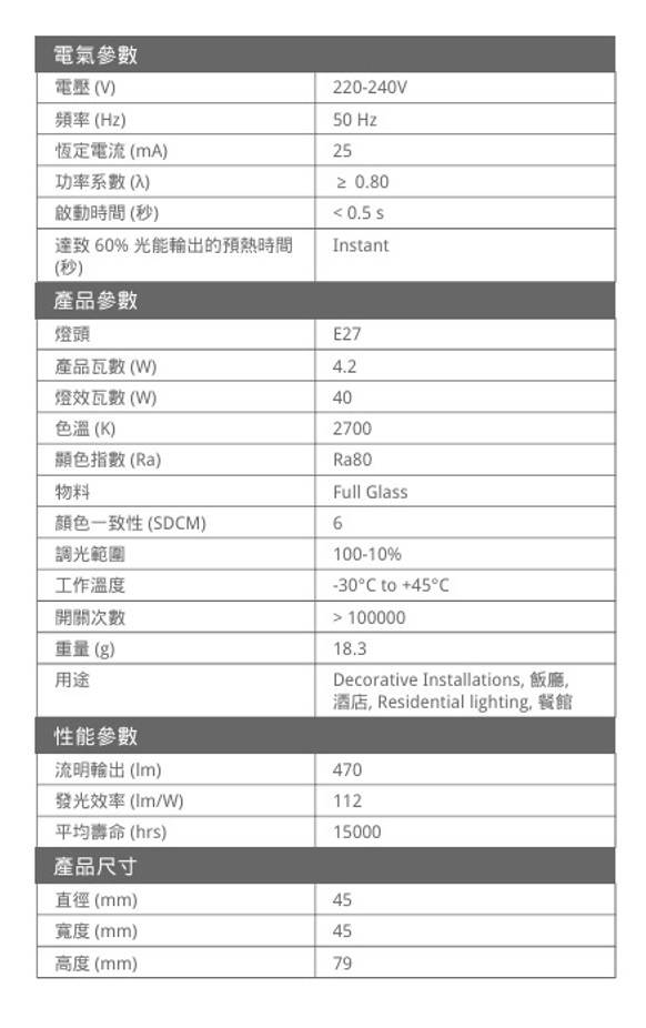 曼佳美 LG9604.2DCS 4.2W E27 2700K P45 燈絲LED燈 可調光
