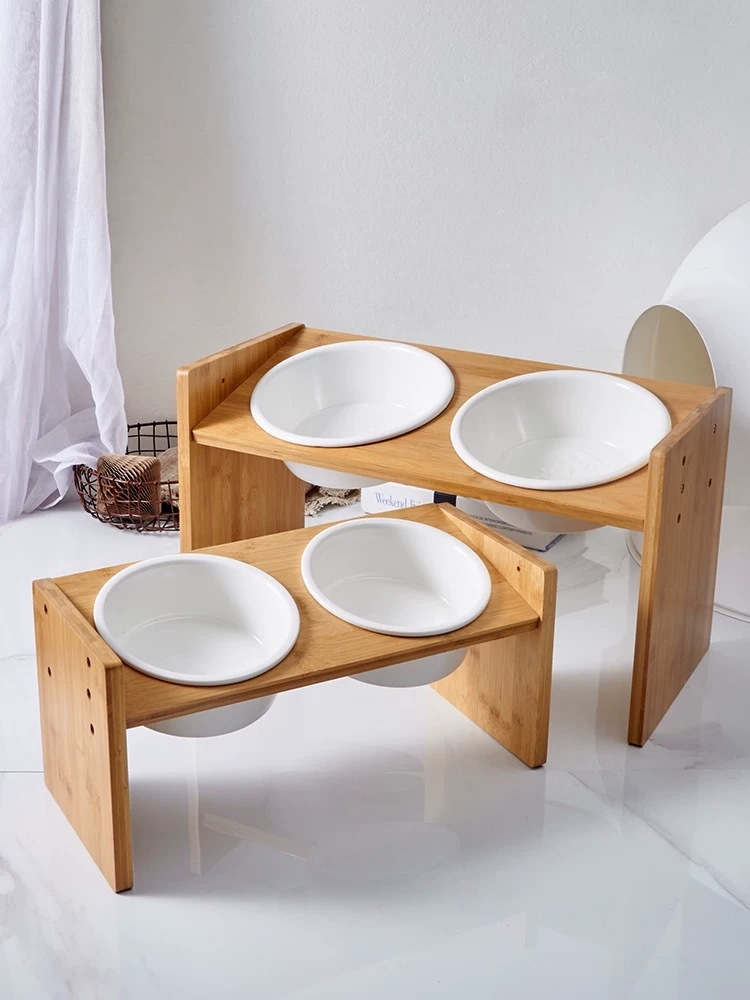 HOCC 中大型犬猫狗陶瓷碗 可调节竹木增高架 双碗（小/大）
