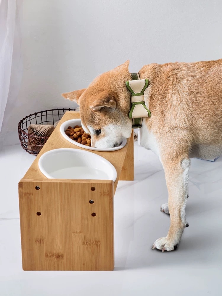 HOCC 中大型犬猫狗陶瓷碗 可调节竹木增高架 双碗（小/大）