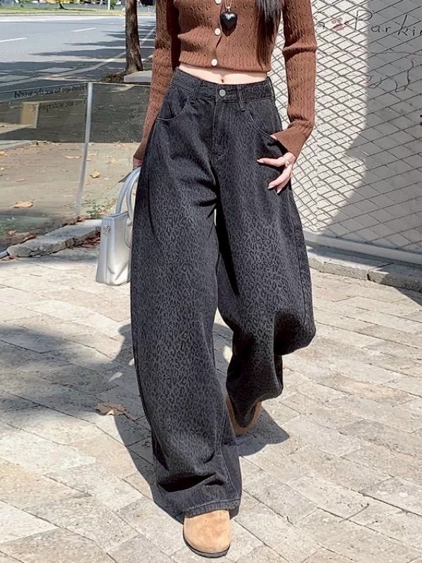 滿版黑豹紋牛仔寬褲 8173