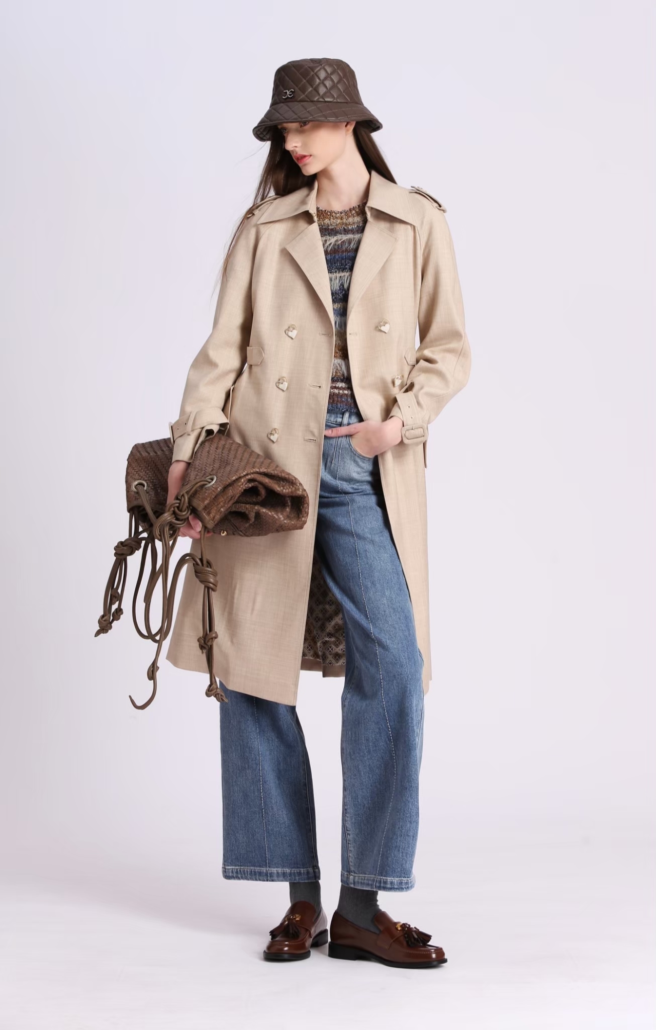 BD15107D1 亞麻心語心形金屬排扣長版風衣