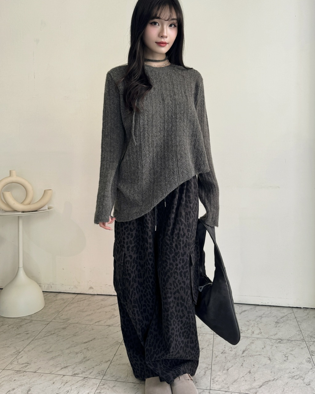 寬版鬆緊豹紋工裝褲—1707