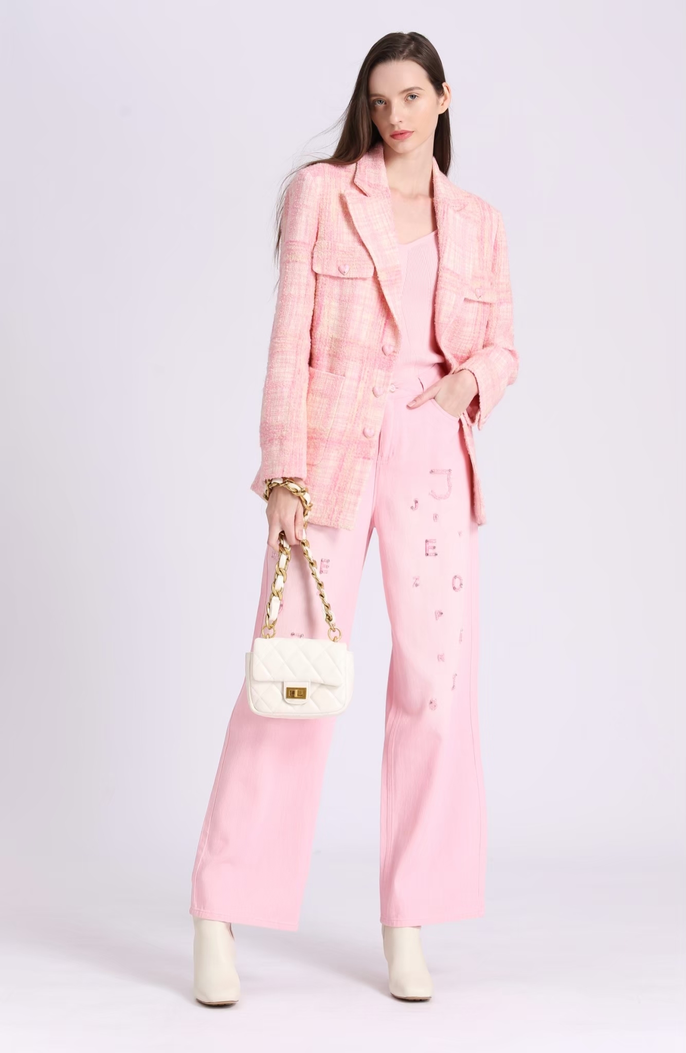 BD15073D1 粉霧名伶愛心扣格紋毛呢長版外套