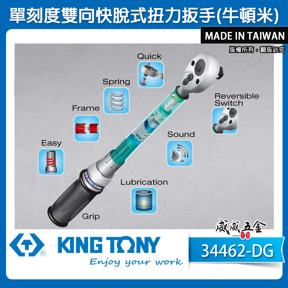 KING TONY 金統立｜膠柄 單刻度雙向快脫式扭力扳手 正逆轉使用 扭力板手｜34462-4DG｜台灣製