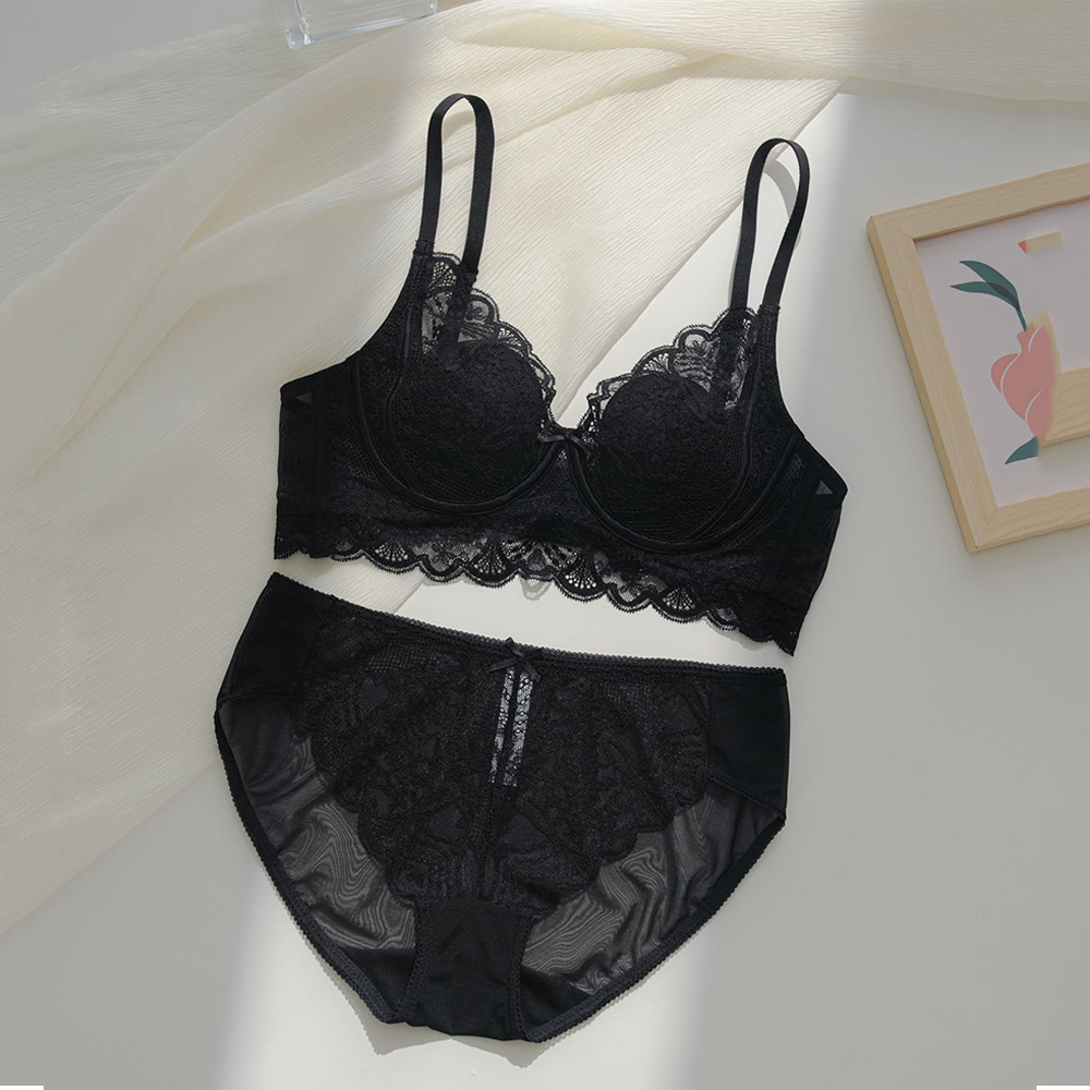 Bunnylace法式兔耳朵輕透蕾絲內衣套裝-黑色 (2色)內衣+內褲